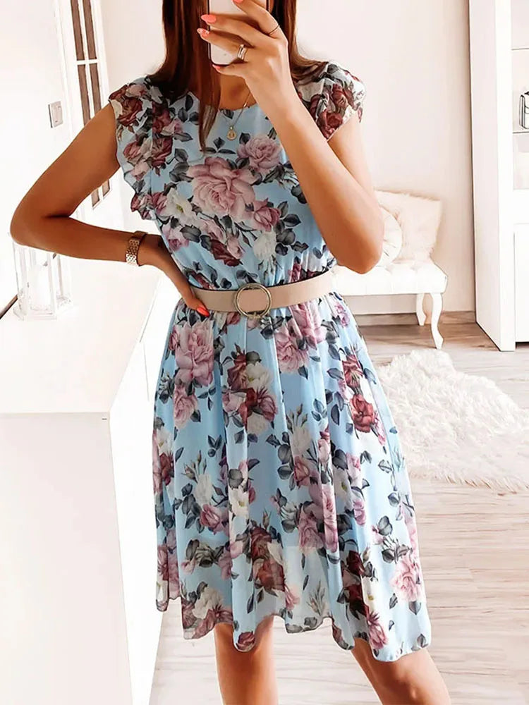 Summer Fashion Floral Printed Long Dress Ladies Sleeveless Elastic Waist Beach Dress 2022 Women V-Neck Pleated Chiffon Cover-Ups