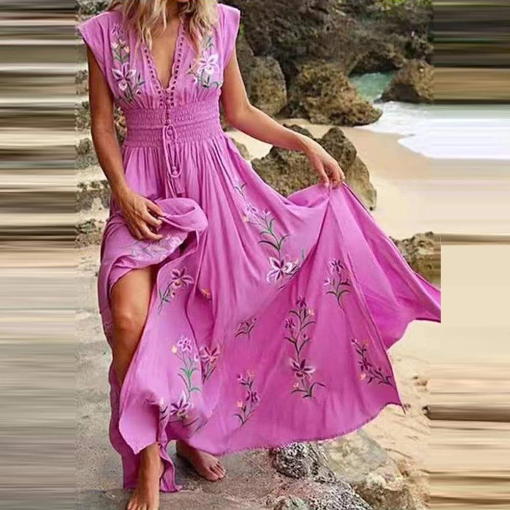 Bohemian Sexy Deep V Midi Dress Women Flying Short Sleeve Long Dress Elegant Fashion Summer Beach Vacation French Printed Dress