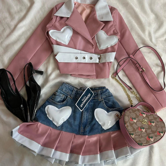 Y2K Womens Streetwear Heart Shaped Leather Clothing Two Piece Set Gothic Punk Pink Jacket Cut Denim Patchwork Pleated Mini Skirt