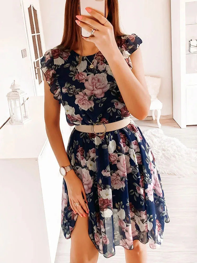 Summer Fashion Floral Printed Long Dress Ladies Sleeveless Elastic Waist Beach Dress 2022 Women V-Neck Pleated Chiffon Cover-Ups