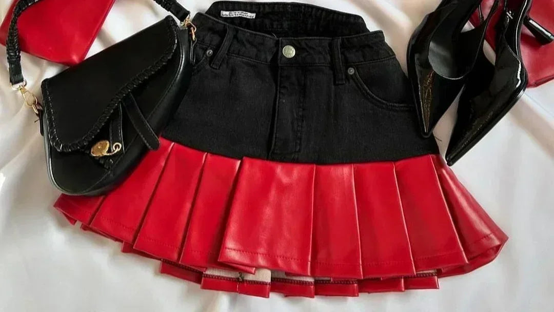 Y2K Womens Streetwear Heart Shaped Leather Clothing Two Piece Set Gothic Punk Pink Jacket Cut Denim Patchwork Pleated Mini Skirt