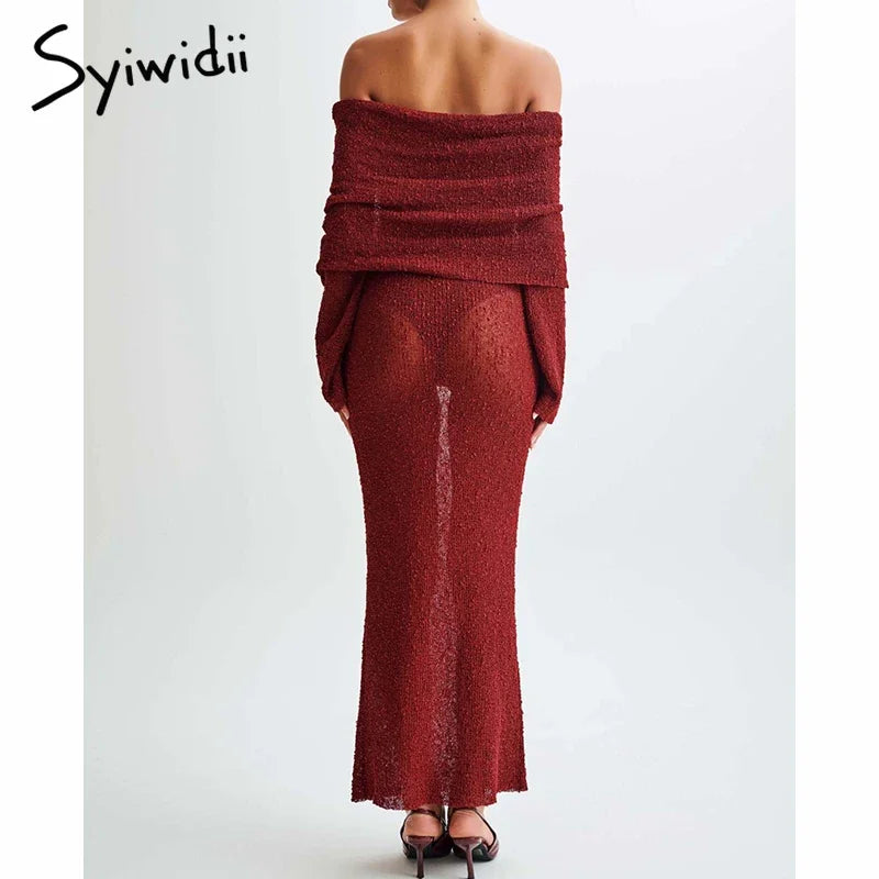 Syiwidii Elegant Knit Women Long Dress Off Shoulder Long Sleeve Sexy Hollow Out See Through Dresses Fashion Party Evening Dress