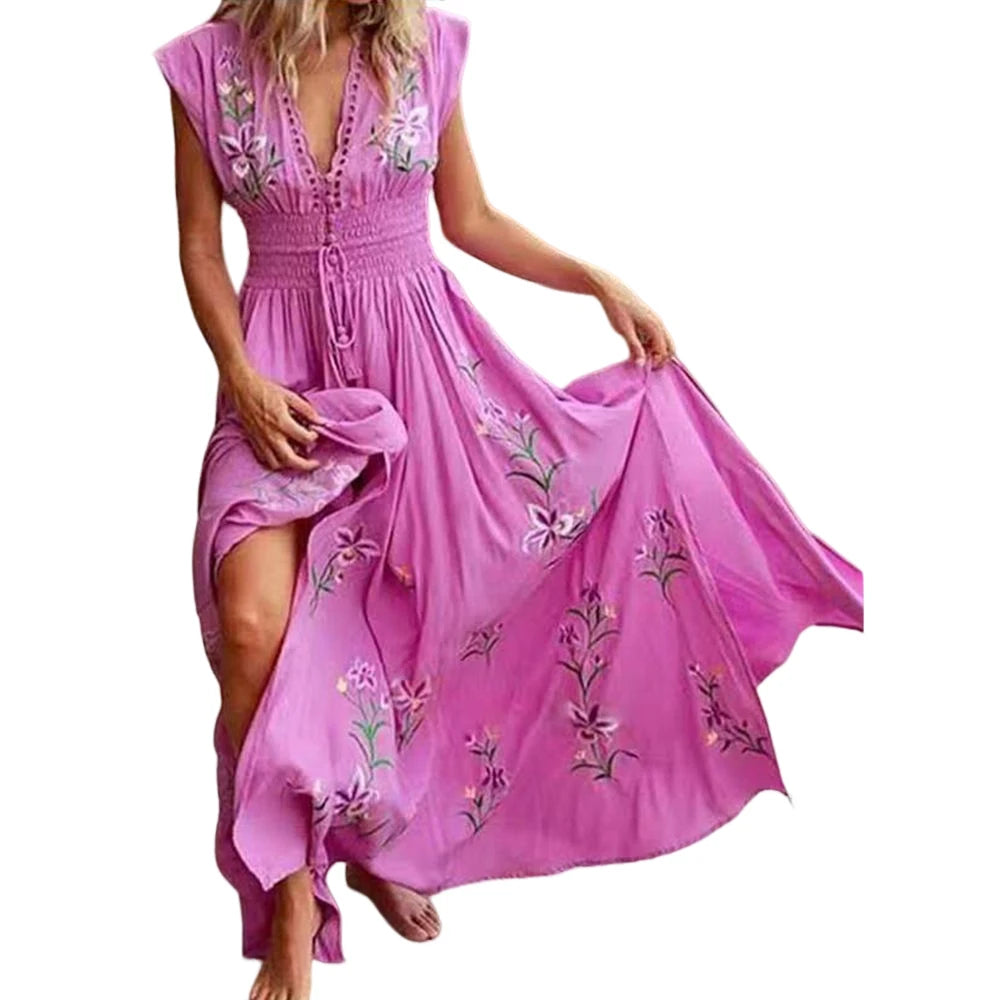 Bohemian Sexy Deep V Midi Dress Women Flying Short Sleeve Long Dress Elegant Fashion Summer Beach Vacation French Printed Dress