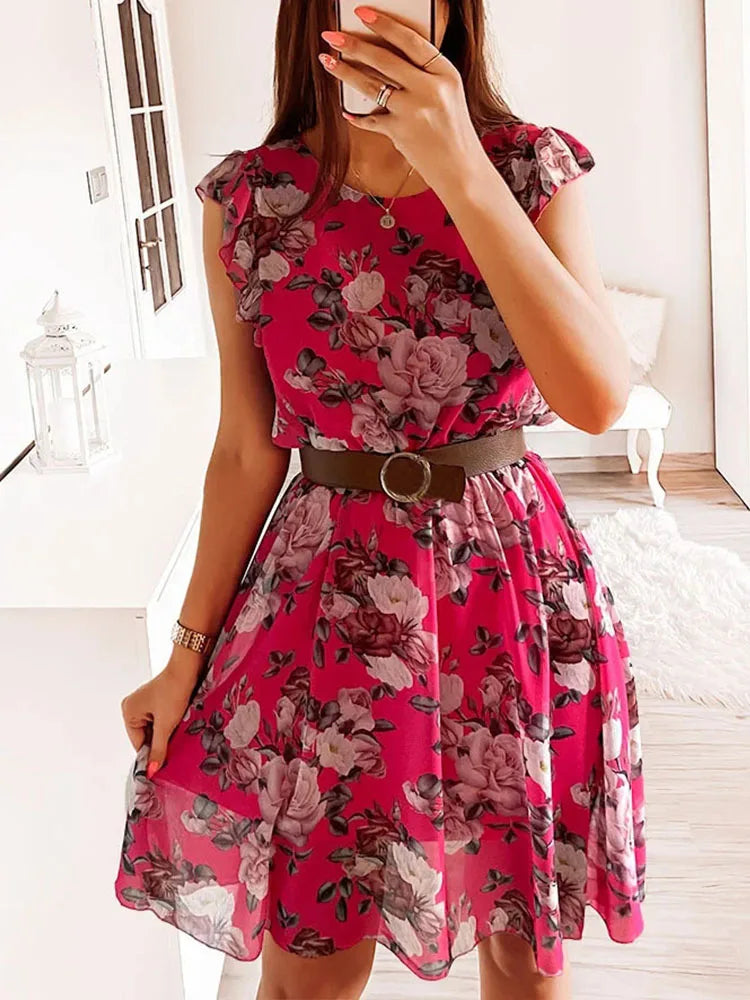 Summer Fashion Floral Printed Long Dress Ladies Sleeveless Elastic Waist Beach Dress 2022 Women V-Neck Pleated Chiffon Cover-Ups