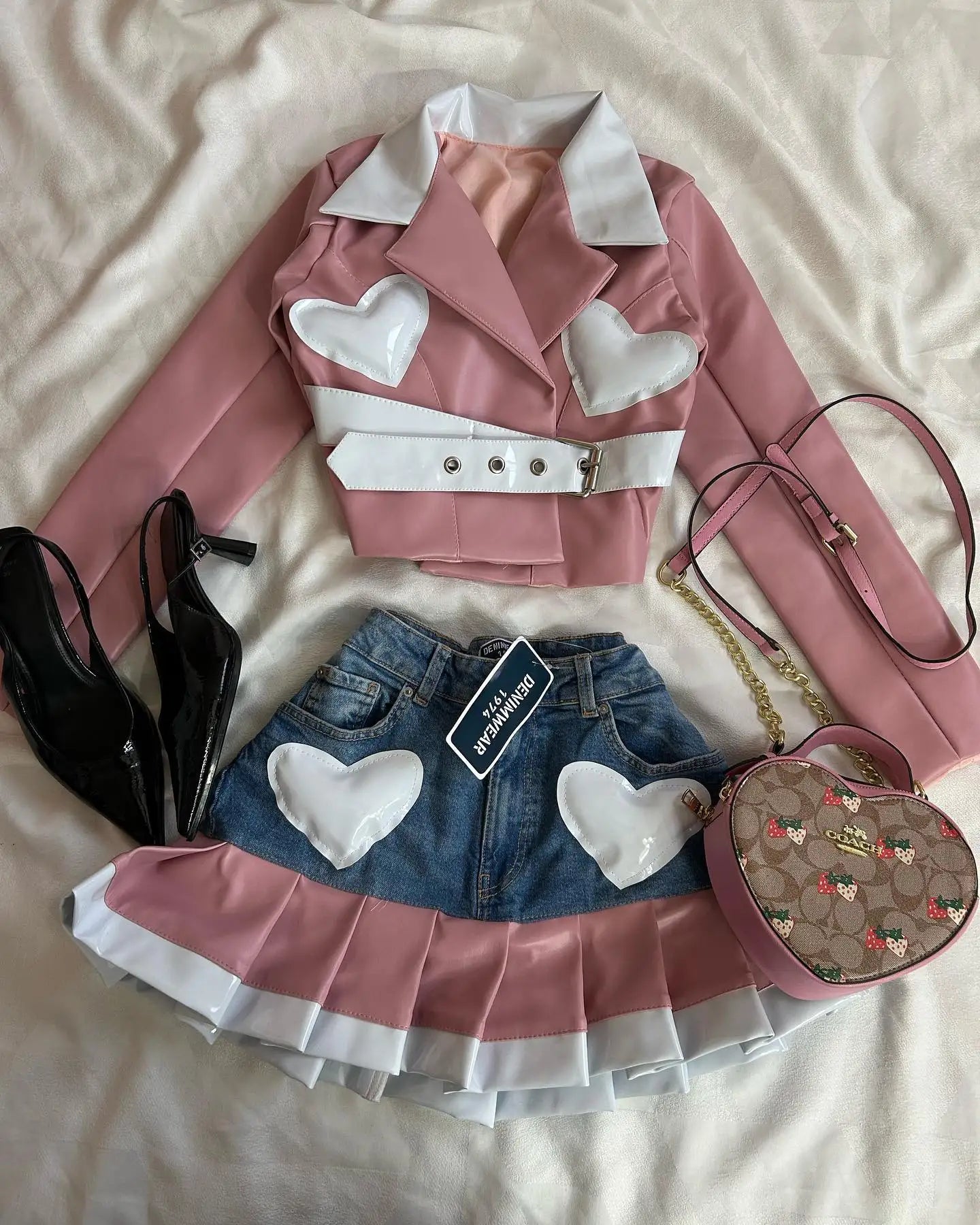 Y2K Womens Streetwear Heart Shaped Leather Clothing Two Piece Set Gothic Punk Pink Jacket Cut Denim Patchwork Pleated Mini Skirt