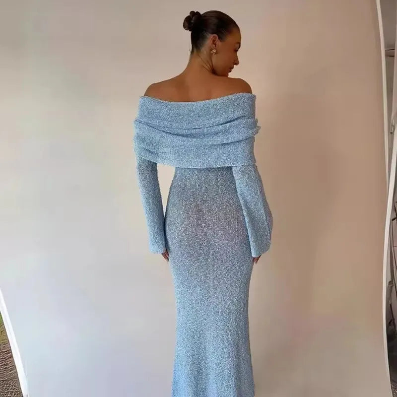 Syiwidii Elegant Knit Women Long Dress Off Shoulder Long Sleeve Sexy Hollow Out See Through Dresses Fashion Party Evening Dress