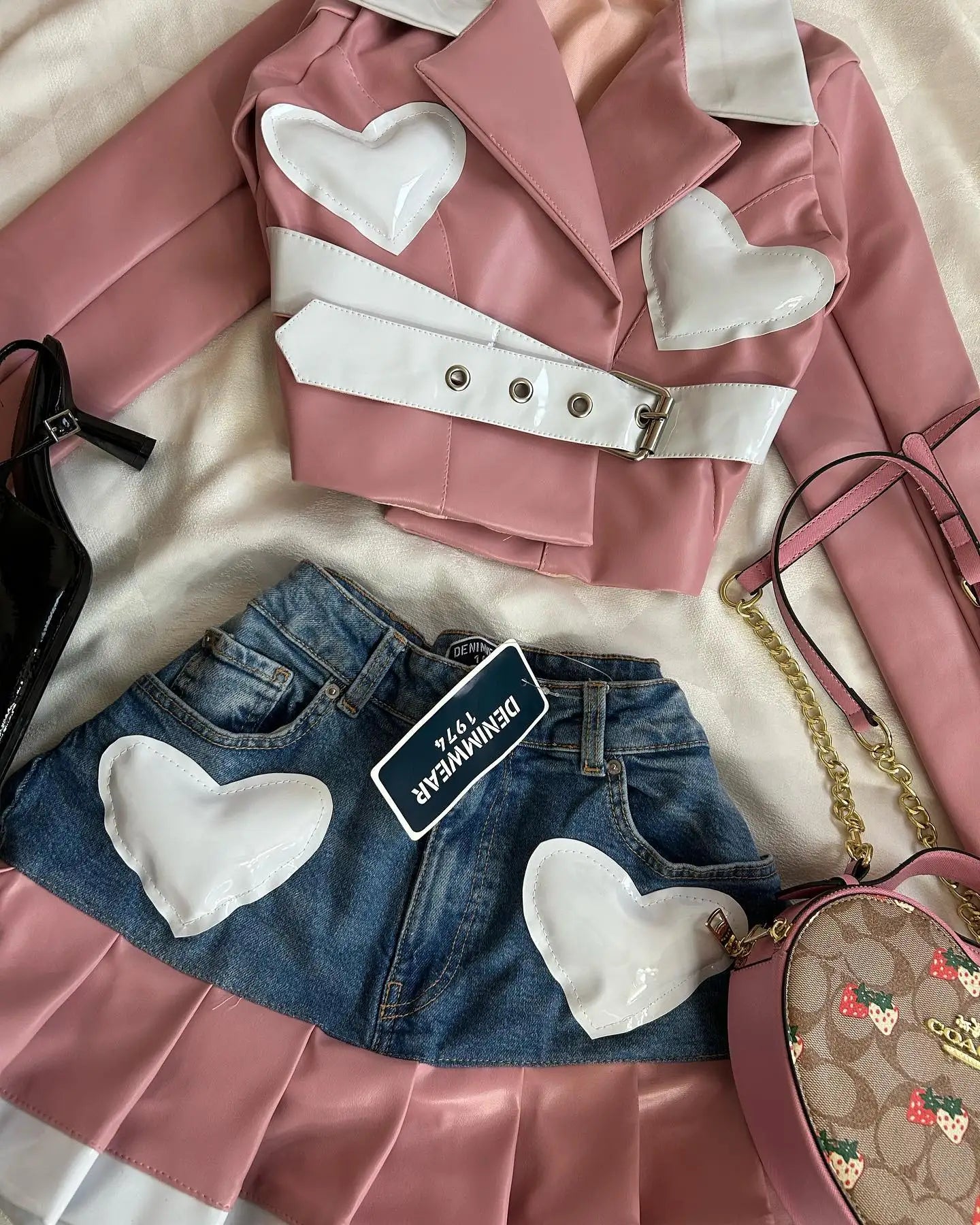 Y2K Womens Streetwear Heart Shaped Leather Clothing Two Piece Set Gothic Punk Pink Jacket Cut Denim Patchwork Pleated Mini Skirt