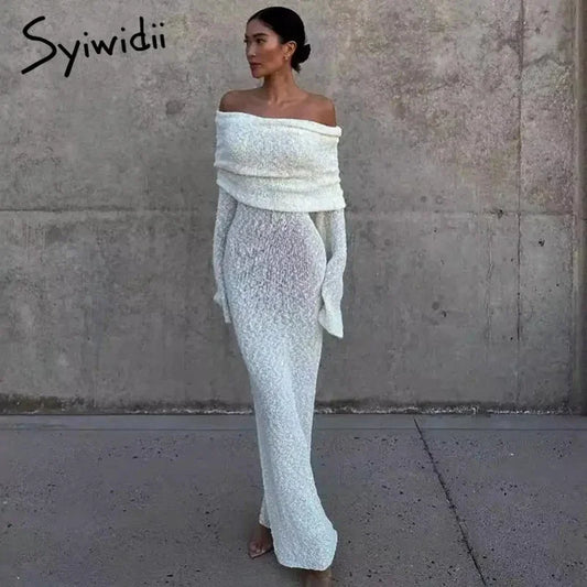 Syiwidii Elegant Knit Women Long Dress Off Shoulder Long Sleeve Sexy Hollow Out See Through Dresses Fashion Party Evening Dress