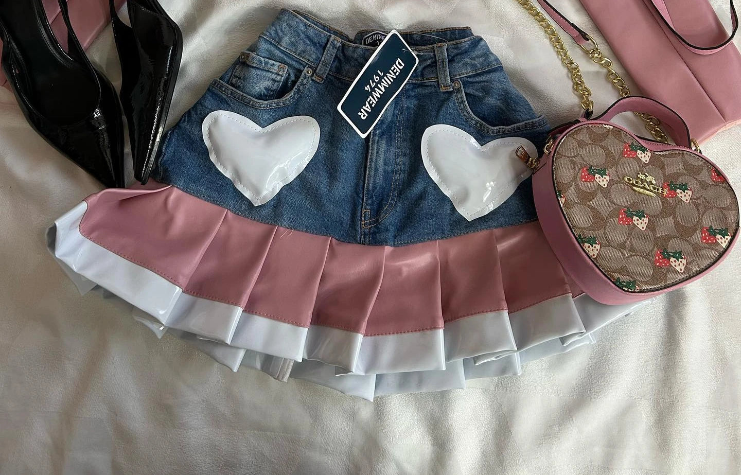 Y2K Womens Streetwear Heart Shaped Leather Clothing Two Piece Set Gothic Punk Pink Jacket Cut Denim Patchwork Pleated Mini Skirt