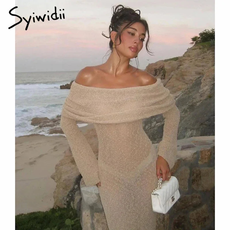 Syiwidii Elegant Knit Women Long Dress Off Shoulder Long Sleeve Sexy Hollow Out See Through Dresses Fashion Party Evening Dress