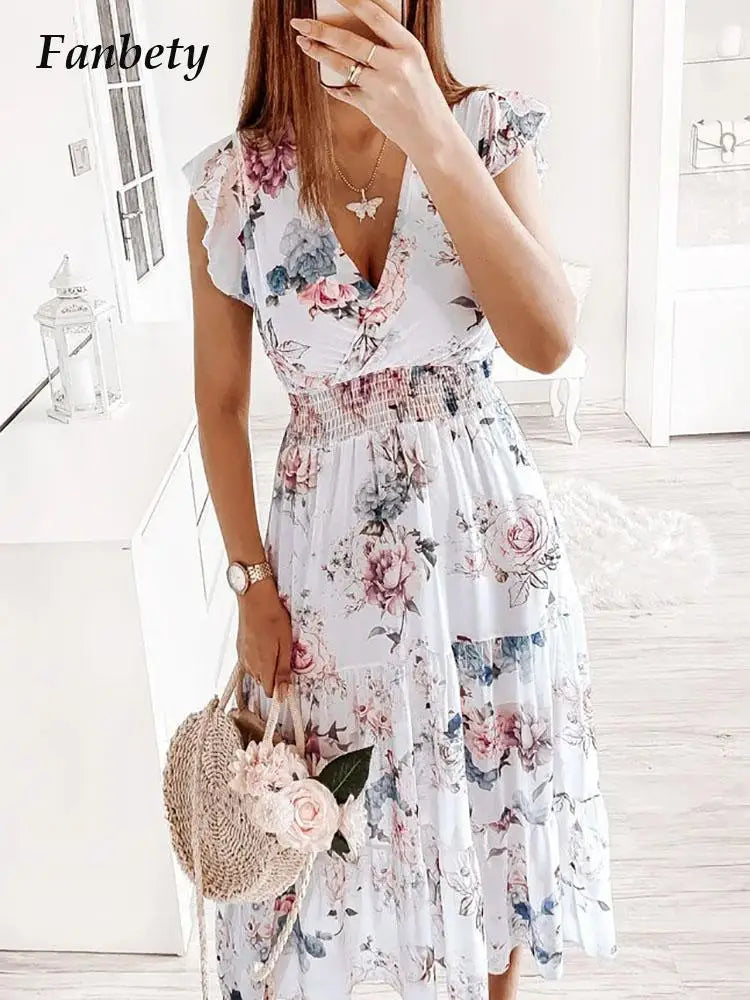 Summer Fashion Floral Printed Long Dress Ladies Sleeveless Elastic Waist Beach Dress 2022 Women V-Neck Pleated Chiffon Cover-Ups