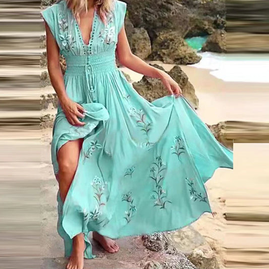 Bohemian Sexy Deep V Midi Dress Women Flying Short Sleeve Long Dress Elegant Fashion Summer Beach Vacation French Printed Dress