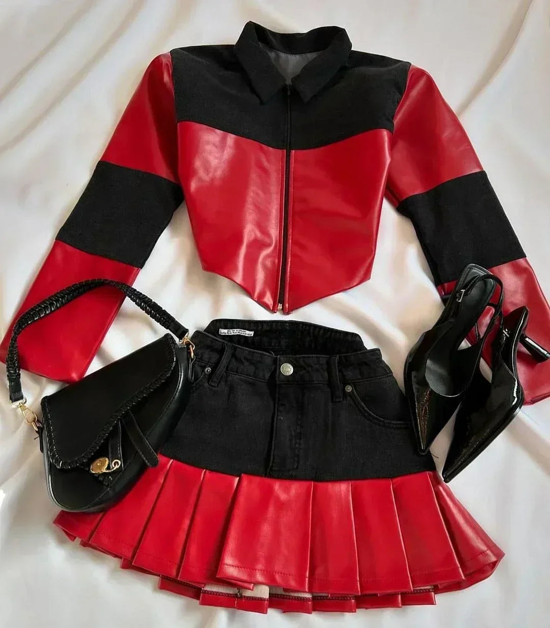 Y2K Womens Streetwear Heart Shaped Leather Clothing Two Piece Set Gothic Punk Pink Jacket Cut Denim Patchwork Pleated Mini Skirt