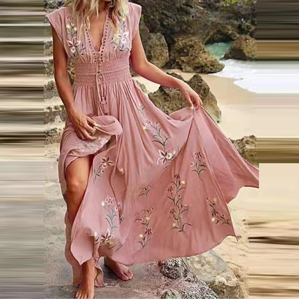 Bohemian Sexy Deep V Midi Dress Women Flying Short Sleeve Long Dress Elegant Fashion Summer Beach Vacation French Printed Dress