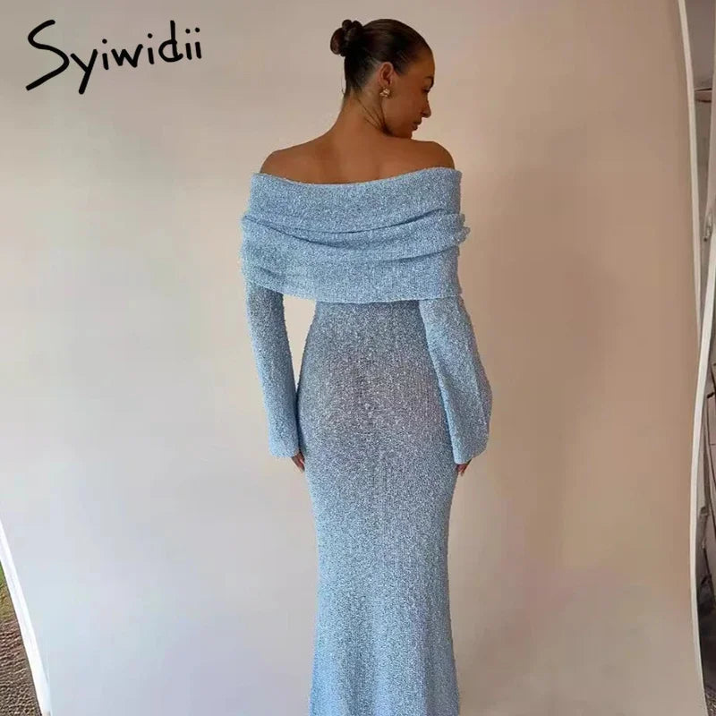 Syiwidii Elegant Knit Women Long Dress Off Shoulder Long Sleeve Sexy Hollow Out See Through Dresses Fashion Party Evening Dress