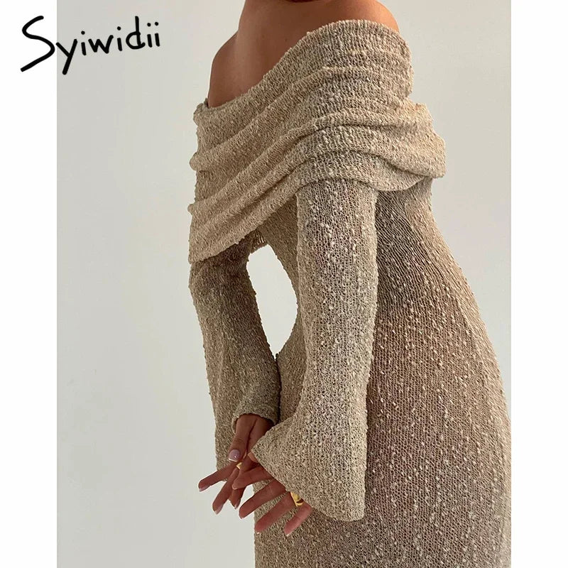 Syiwidii Elegant Knit Women Long Dress Off Shoulder Long Sleeve Sexy Hollow Out See Through Dresses Fashion Party Evening Dress